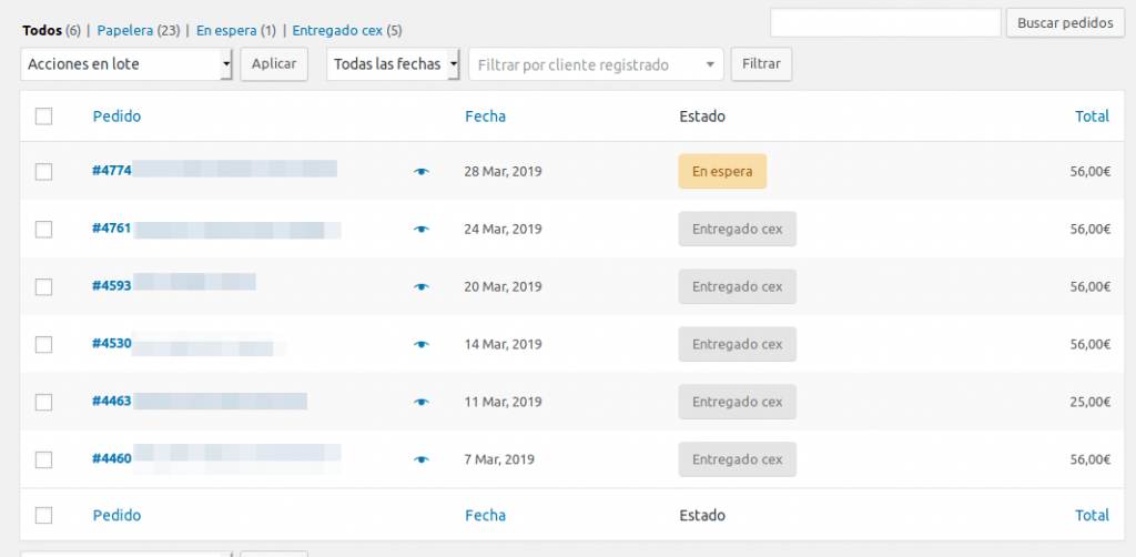 Así se ven los pedidos realizados a través de WooCommerce