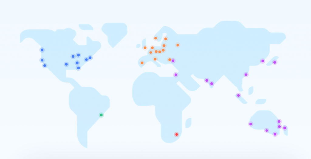 Mapa de la red de servidores de BunnyCDN, uno de los múltiples proveedores que ayudan a que una web en WordPress cargue muy rápido en todo el mundo.